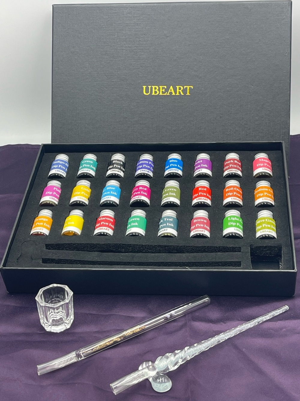 UBEART: 28pc Crystal Glass Calligraphy Pens, Dip Cup, Holder & Color Ink Bottles